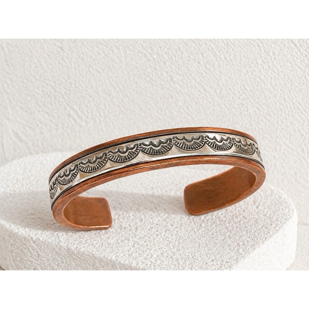 Navajo Signed RS Copper Sterling Cuff Bracelet Stamped 6in Small Southwestern